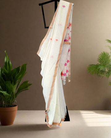 White Lata Linen Saree