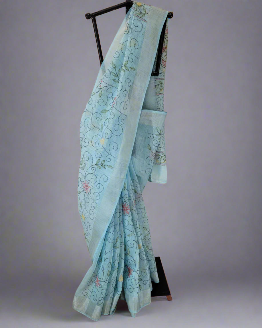 Blue Trikona Linen Saree