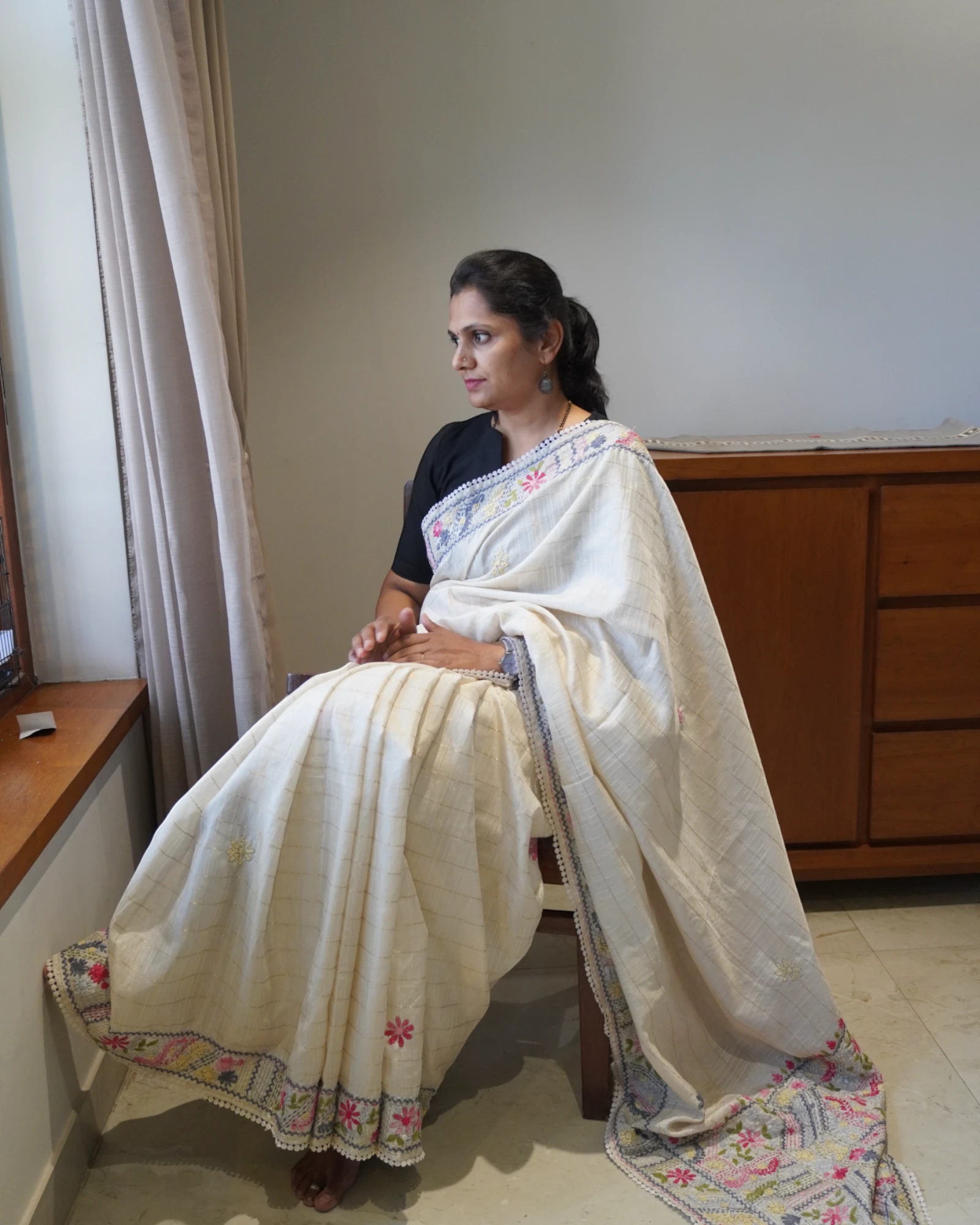 Cream Geet Handwork Saree