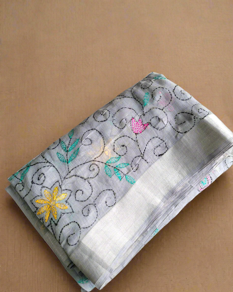 Grey Trikona Linen Saree