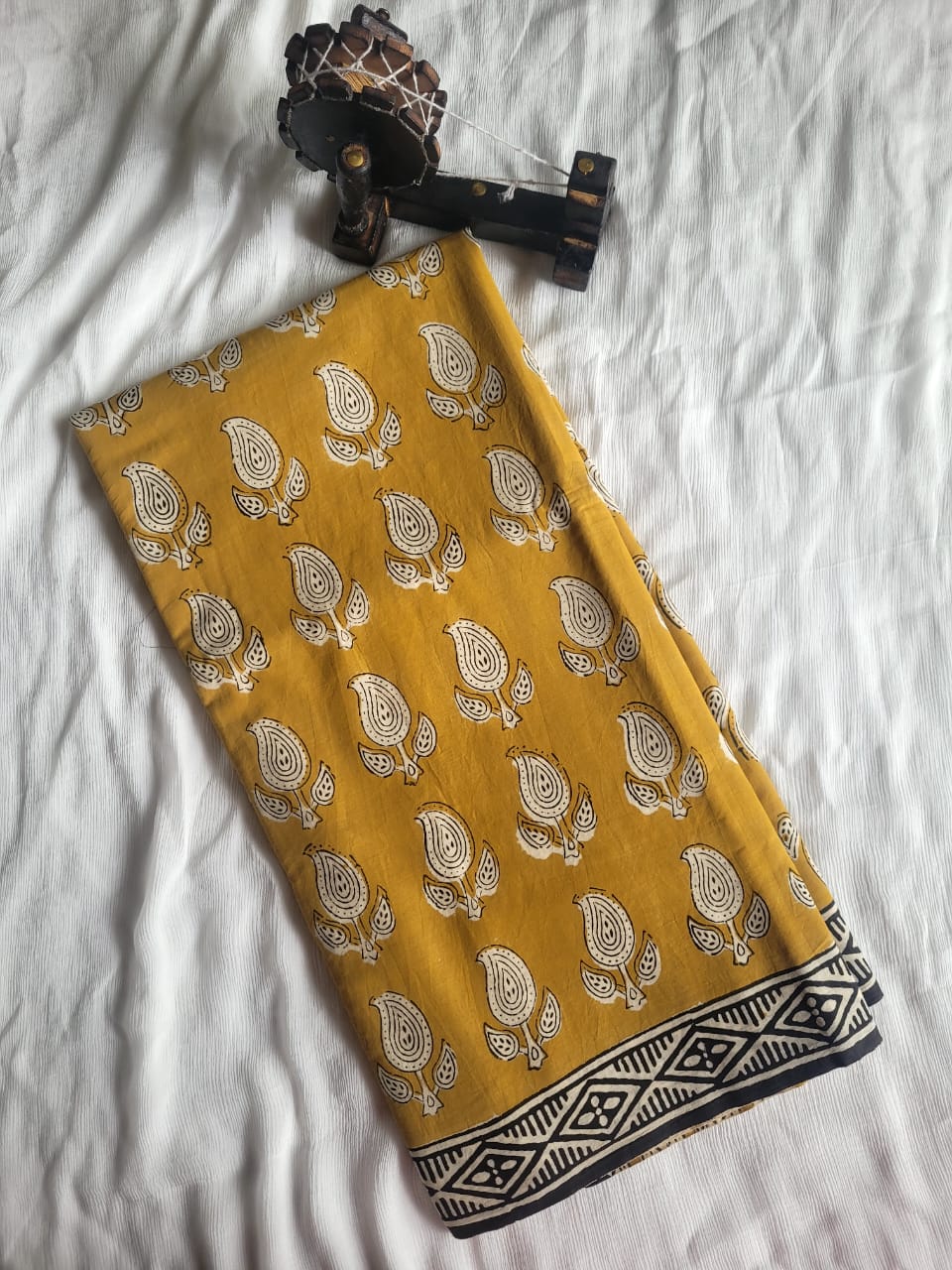 Yellow Handblock Cotton Saree
