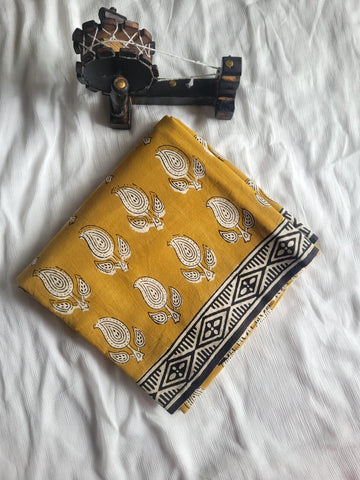 Yellow Handblock Cotton Saree