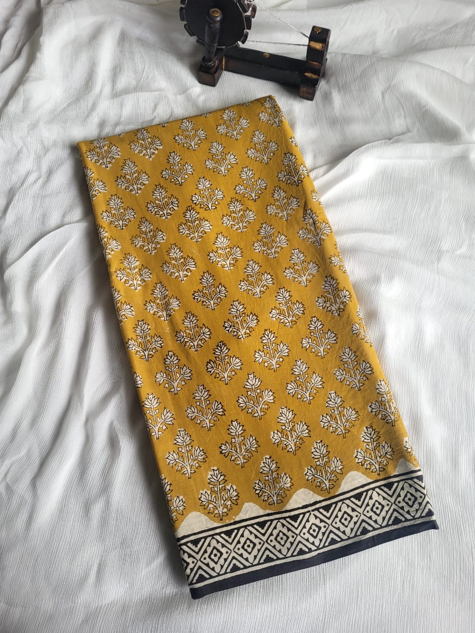 Mustard Handblock Cotton Saree