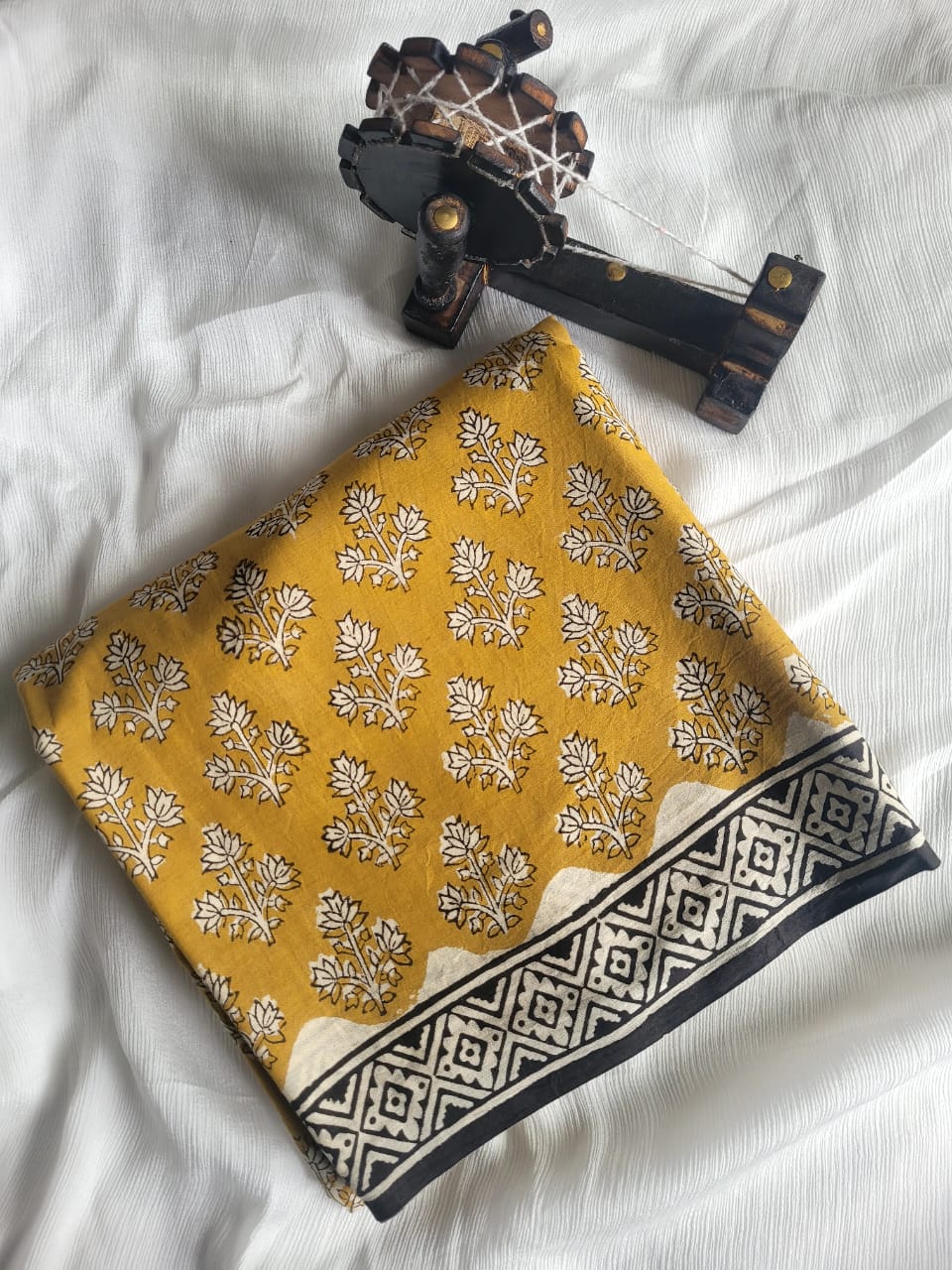Mustard Handblock Cotton Saree