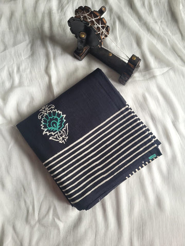 Denim Handblock Cotton Saree
