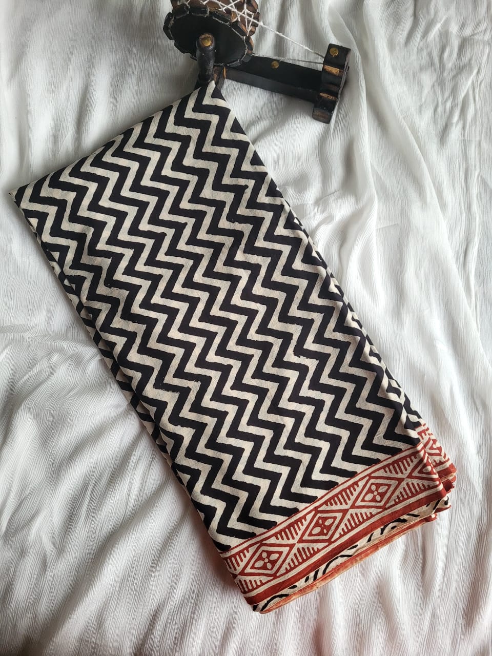 White Handblock Cotton Saree