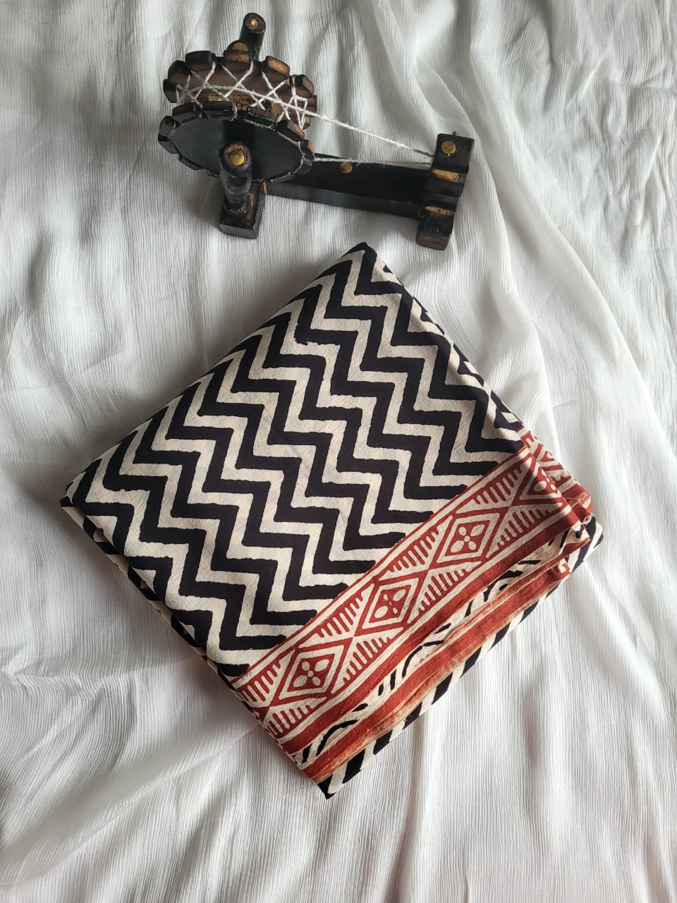 White Handblock Cotton Saree