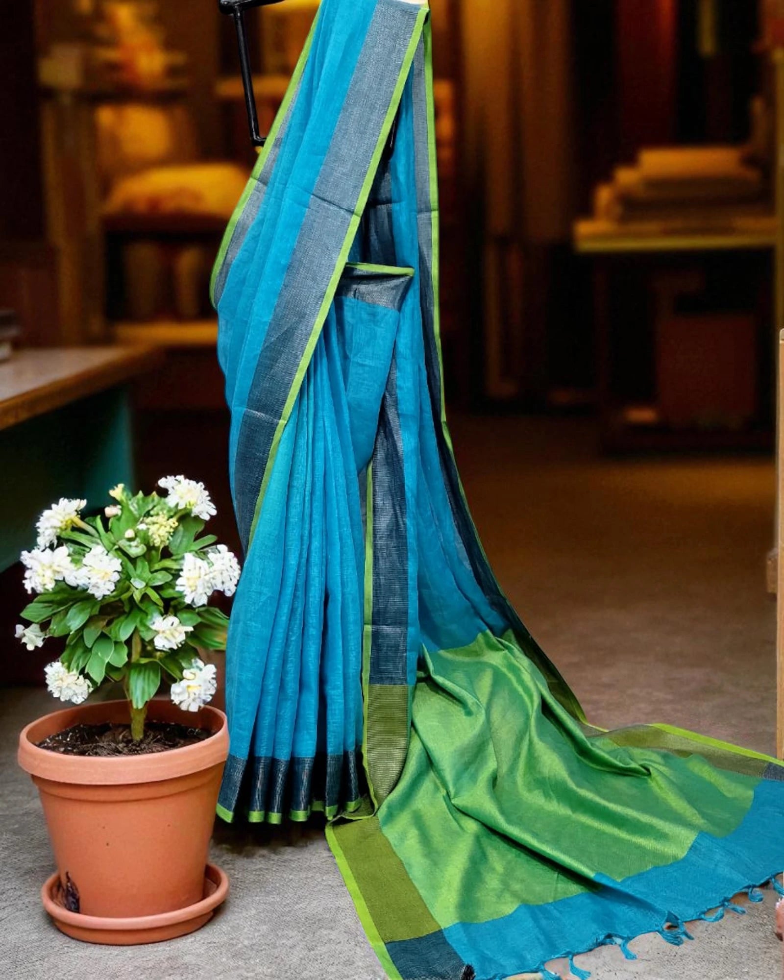 Blue Swarna Linen Saree