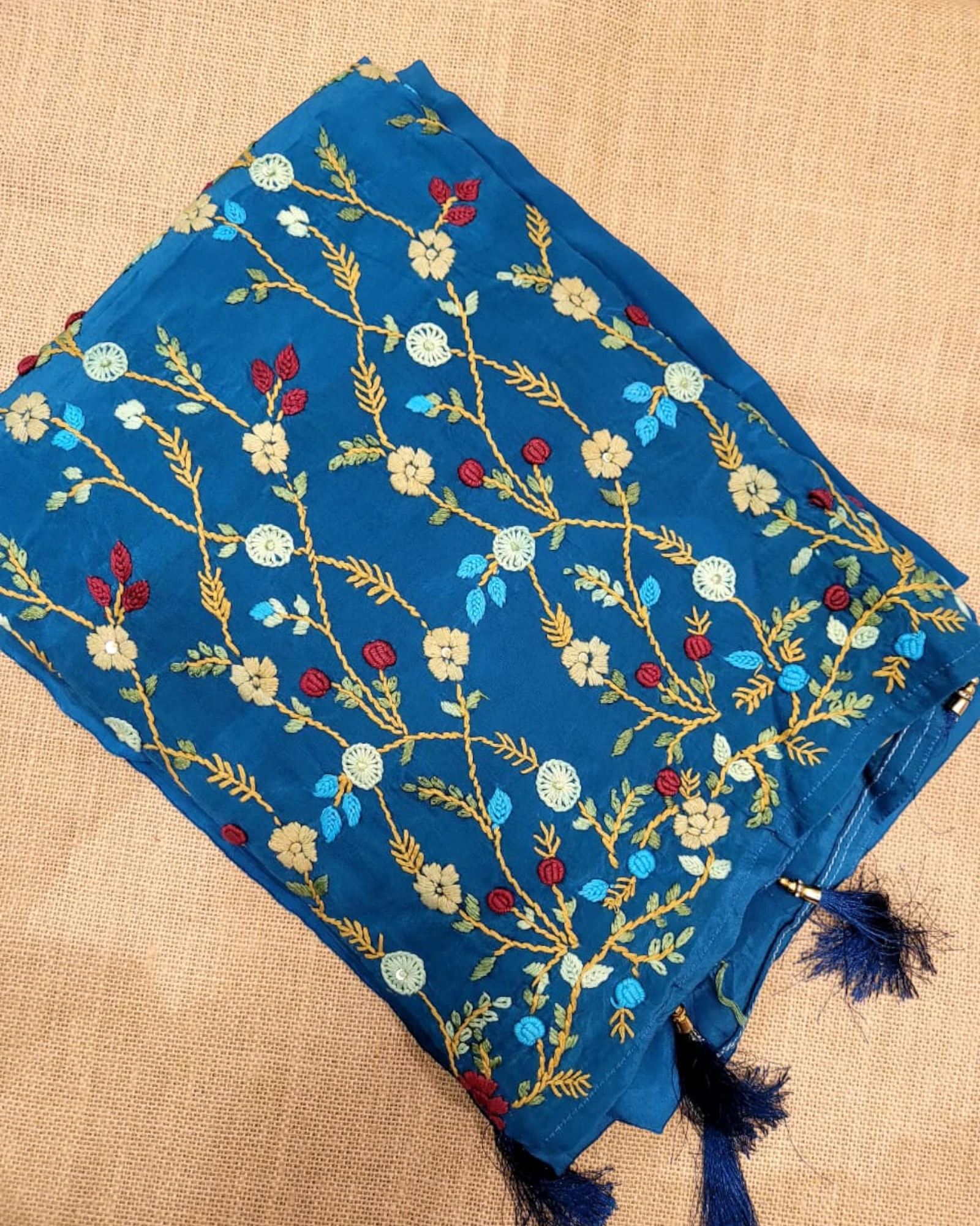 Blue Crepe HandEmbroidery Saree