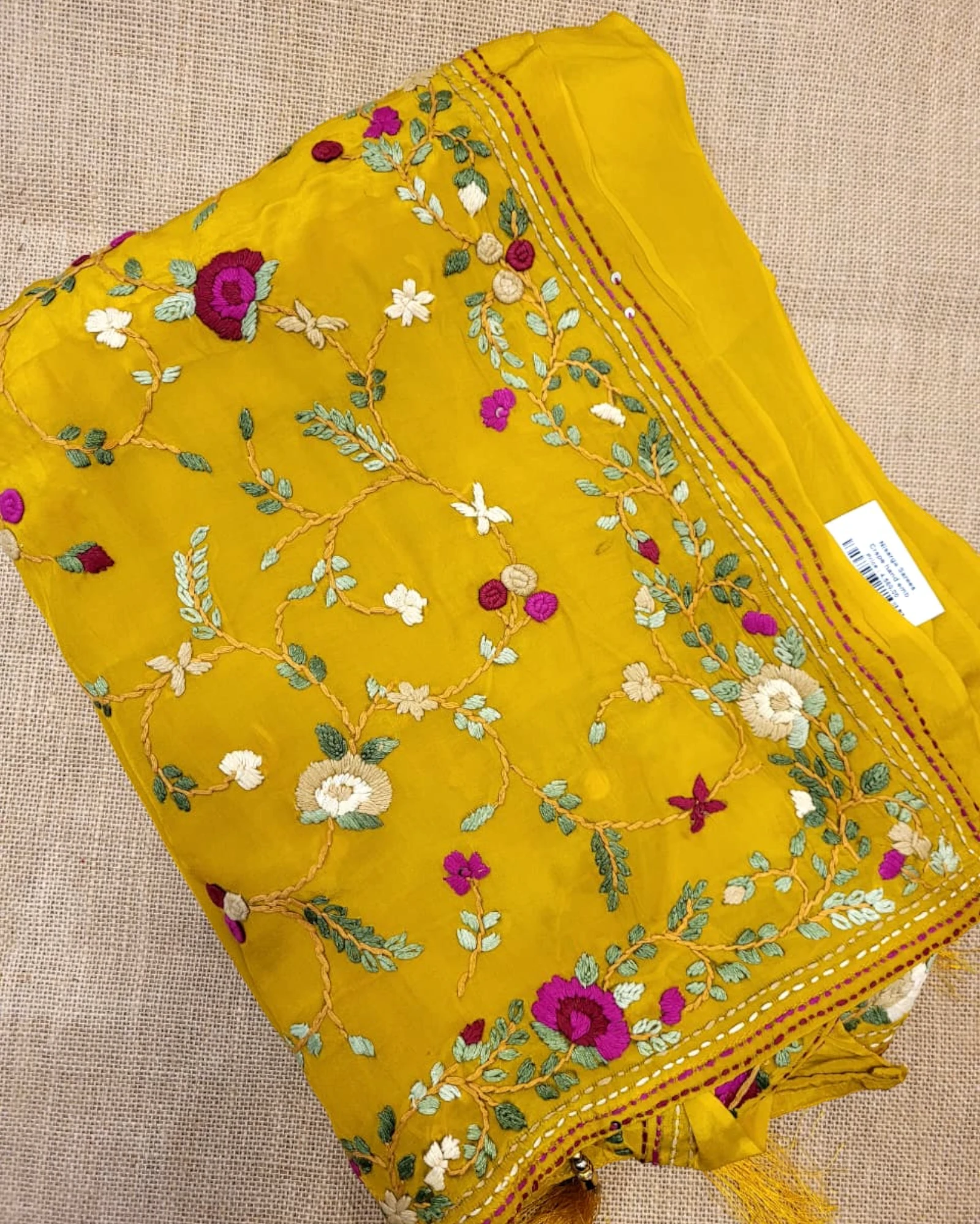 Yellow Crepe HandEmbroidery Saree