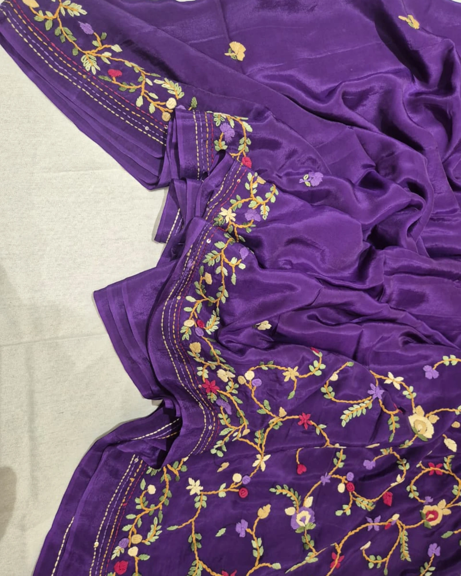 Purple Crepe HandEmbroidery Saree