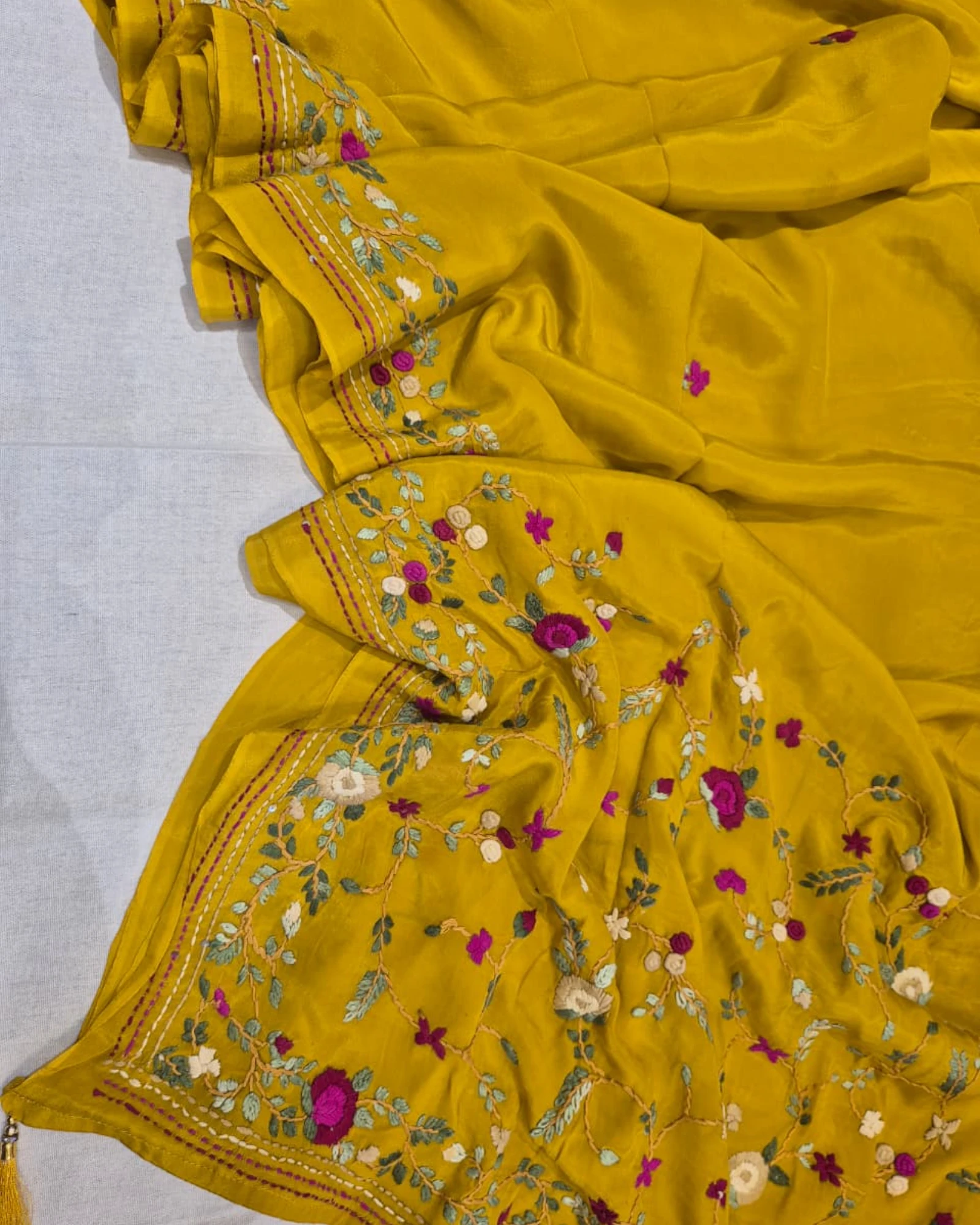 Yellow Crepe HandEmbroidery Saree