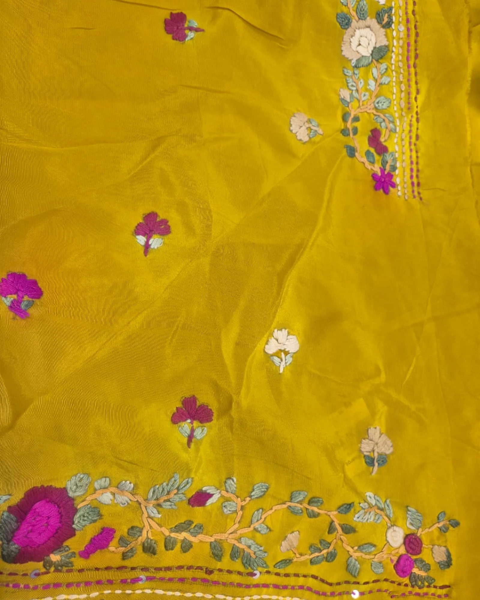 Yellow Crepe HandEmbroidery Saree