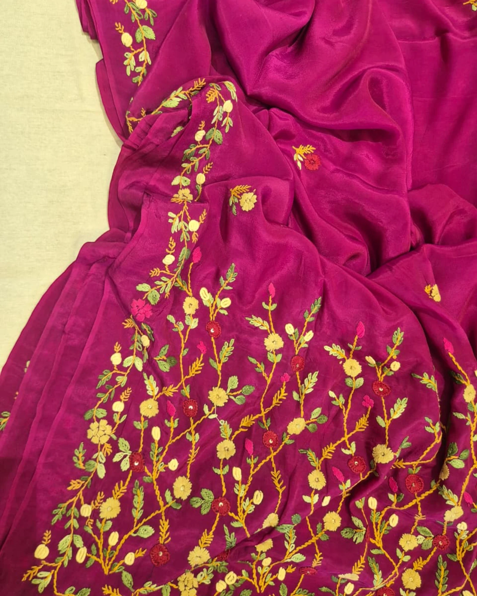 Magenta Crepe HandEmbroidery Saree