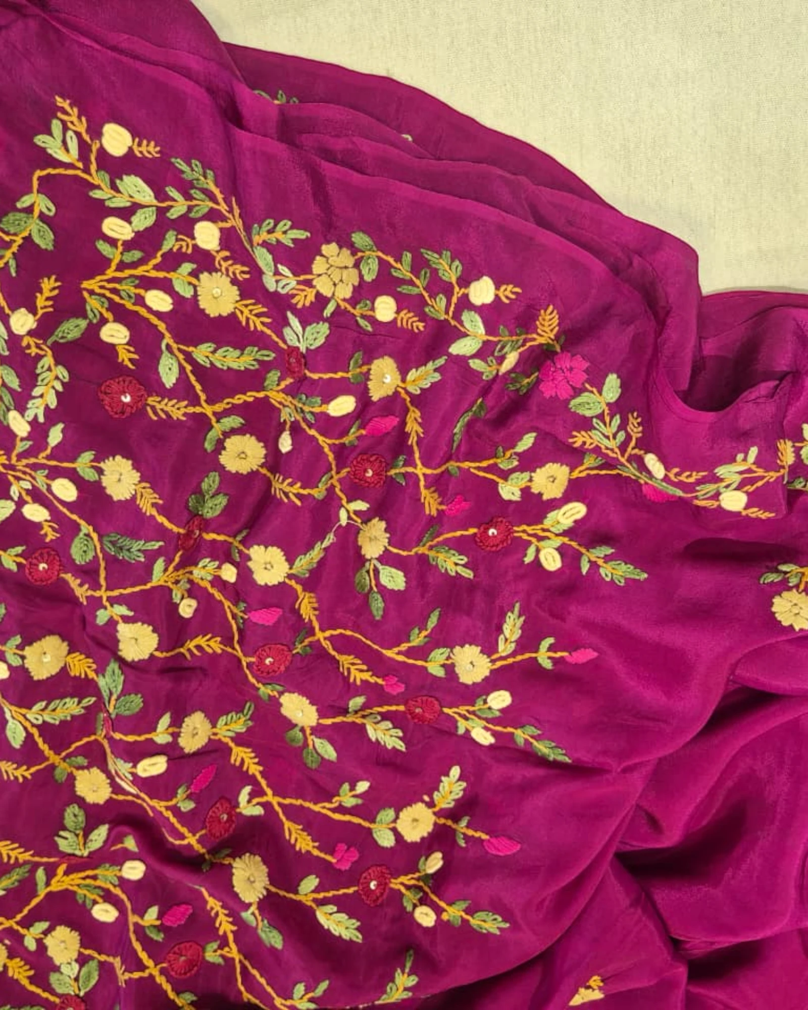 Magenta Crepe HandEmbroidery Saree