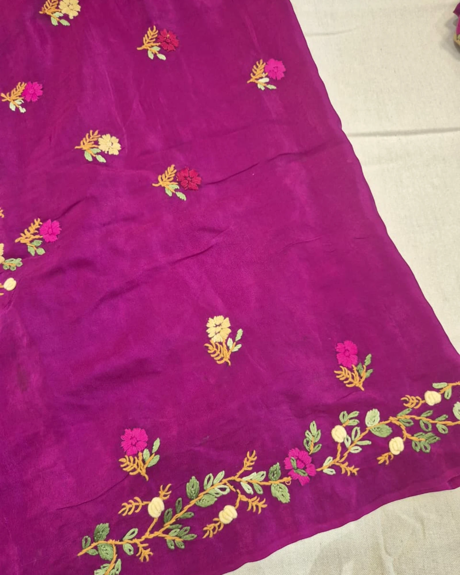Magenta Crepe HandEmbroidery Saree