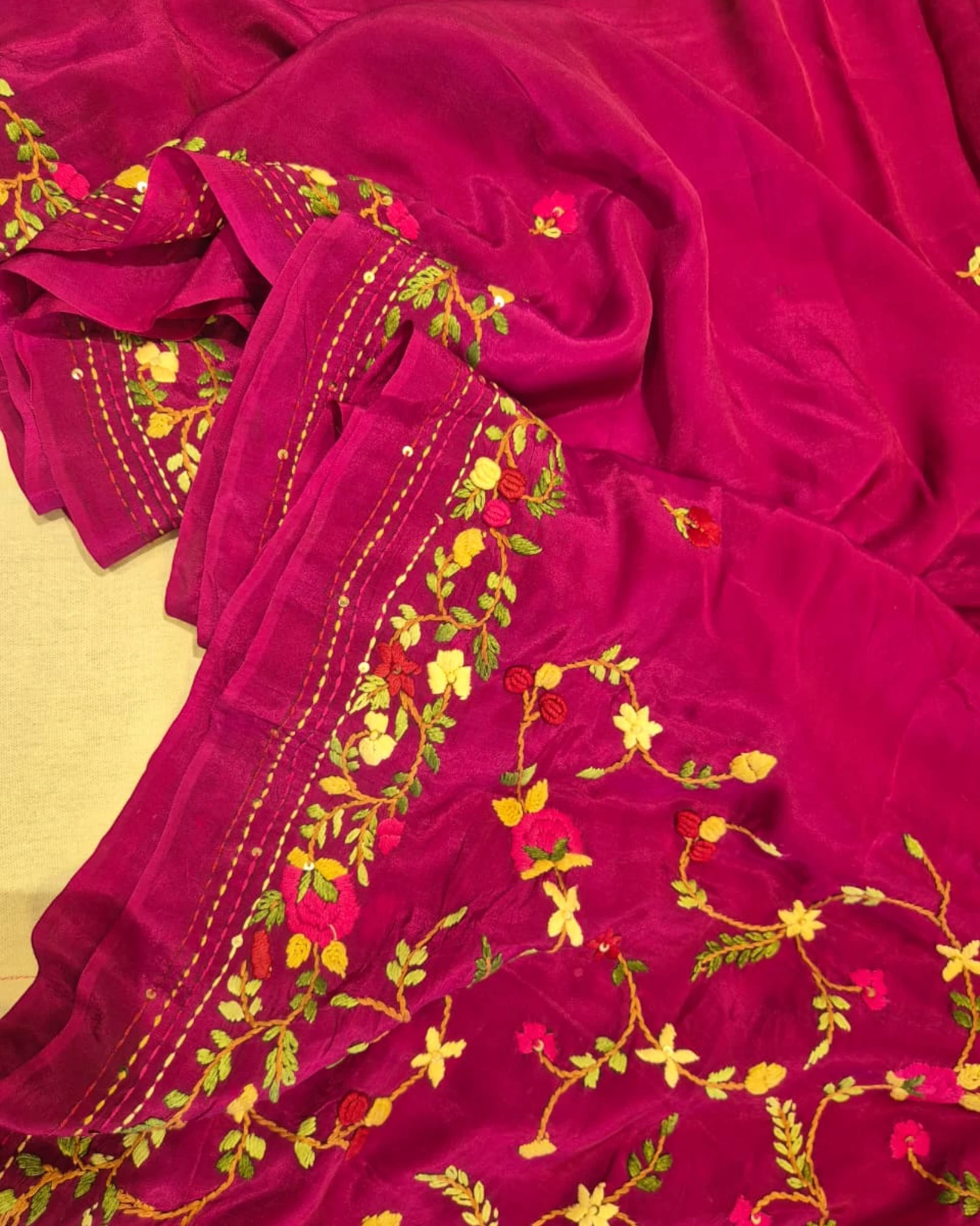 Magenta Crepe HandEmbroidery Saree
