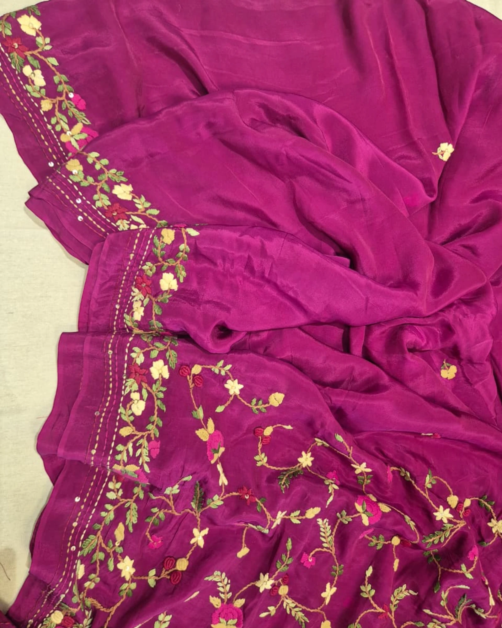 Magenta Crepe HandEmbroidery Saree