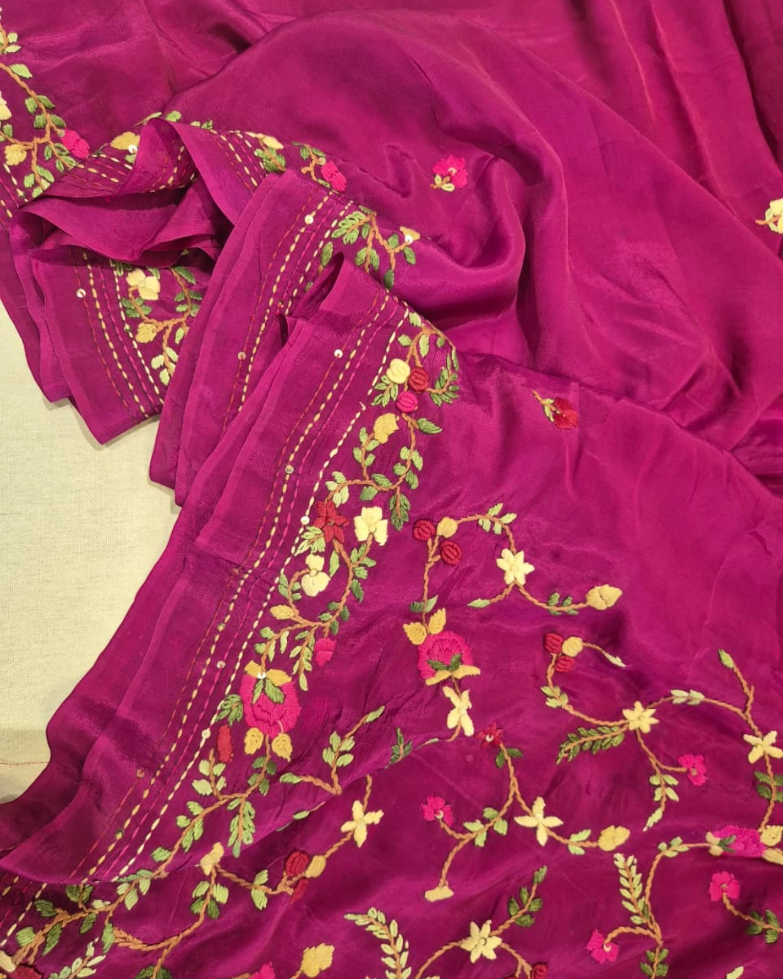 Magenta Crepe HandEmbroidery Saree