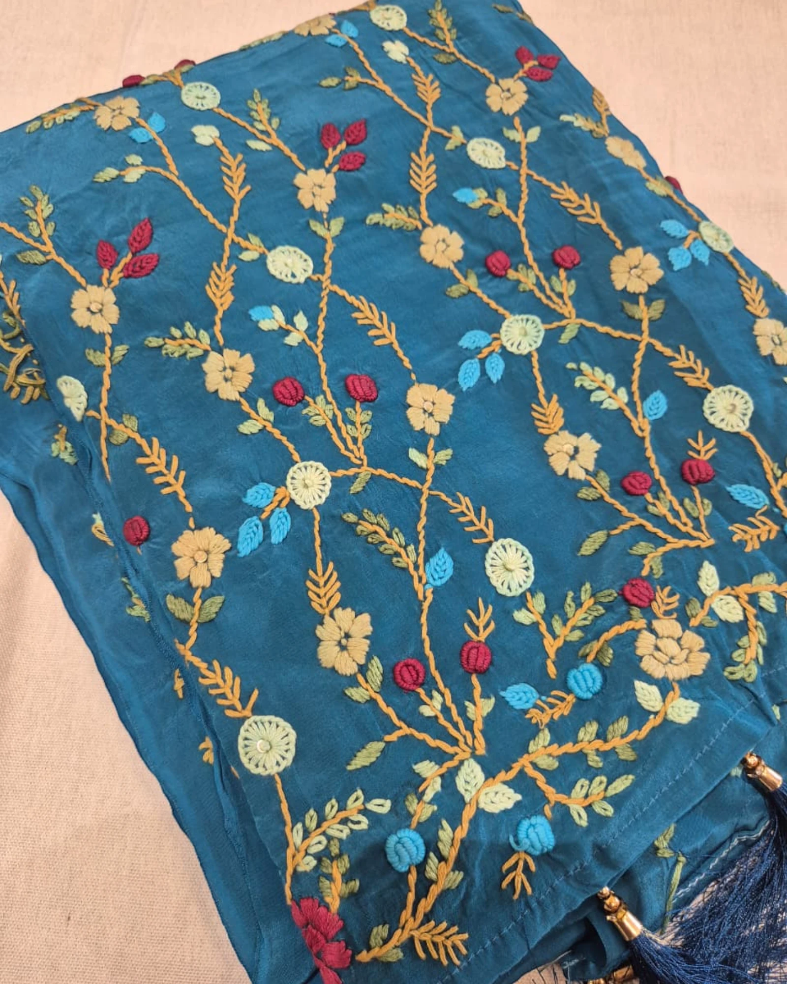 Blue Crepe HandEmbroidery Saree