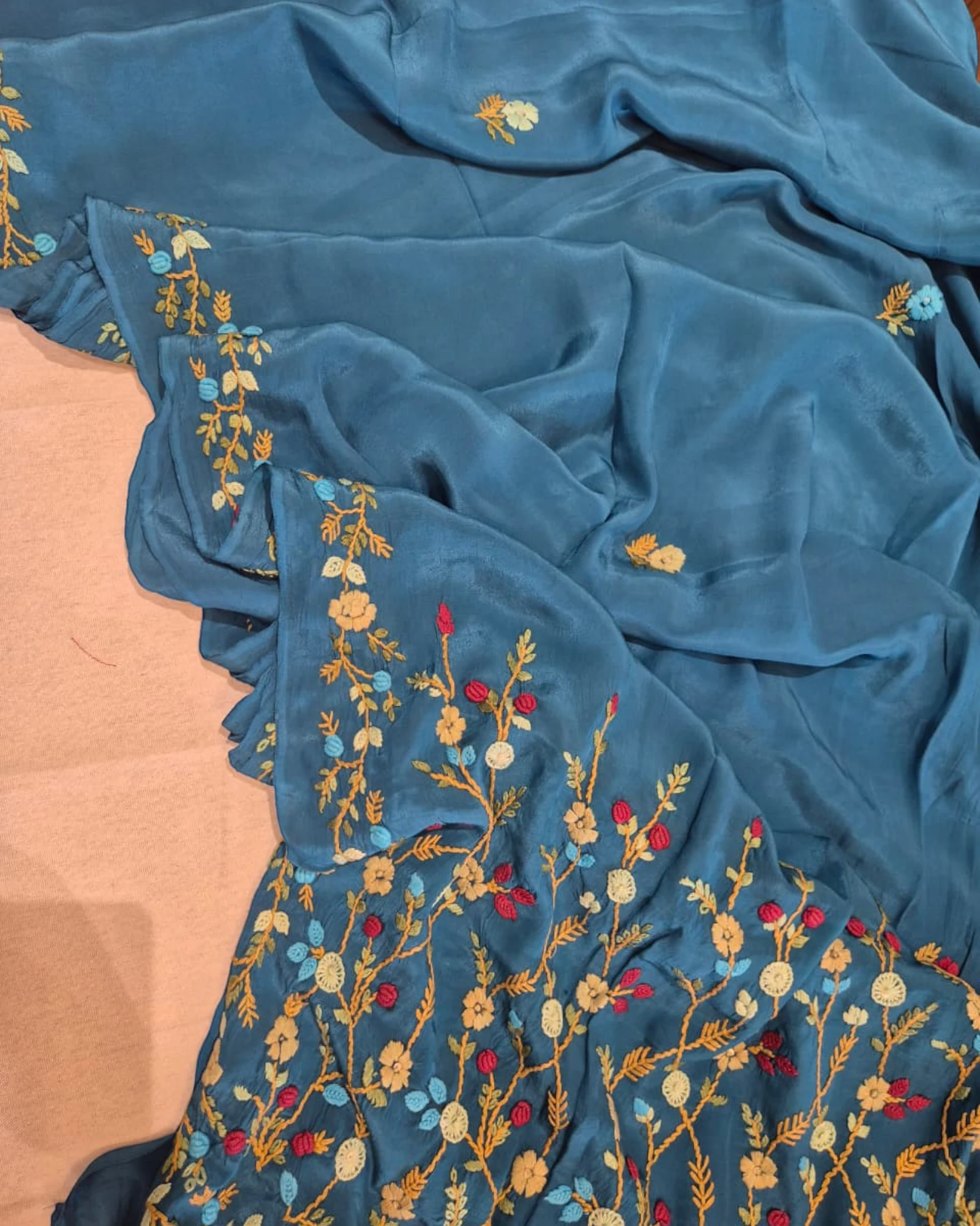 Blue Crepe HandEmbroidery Saree