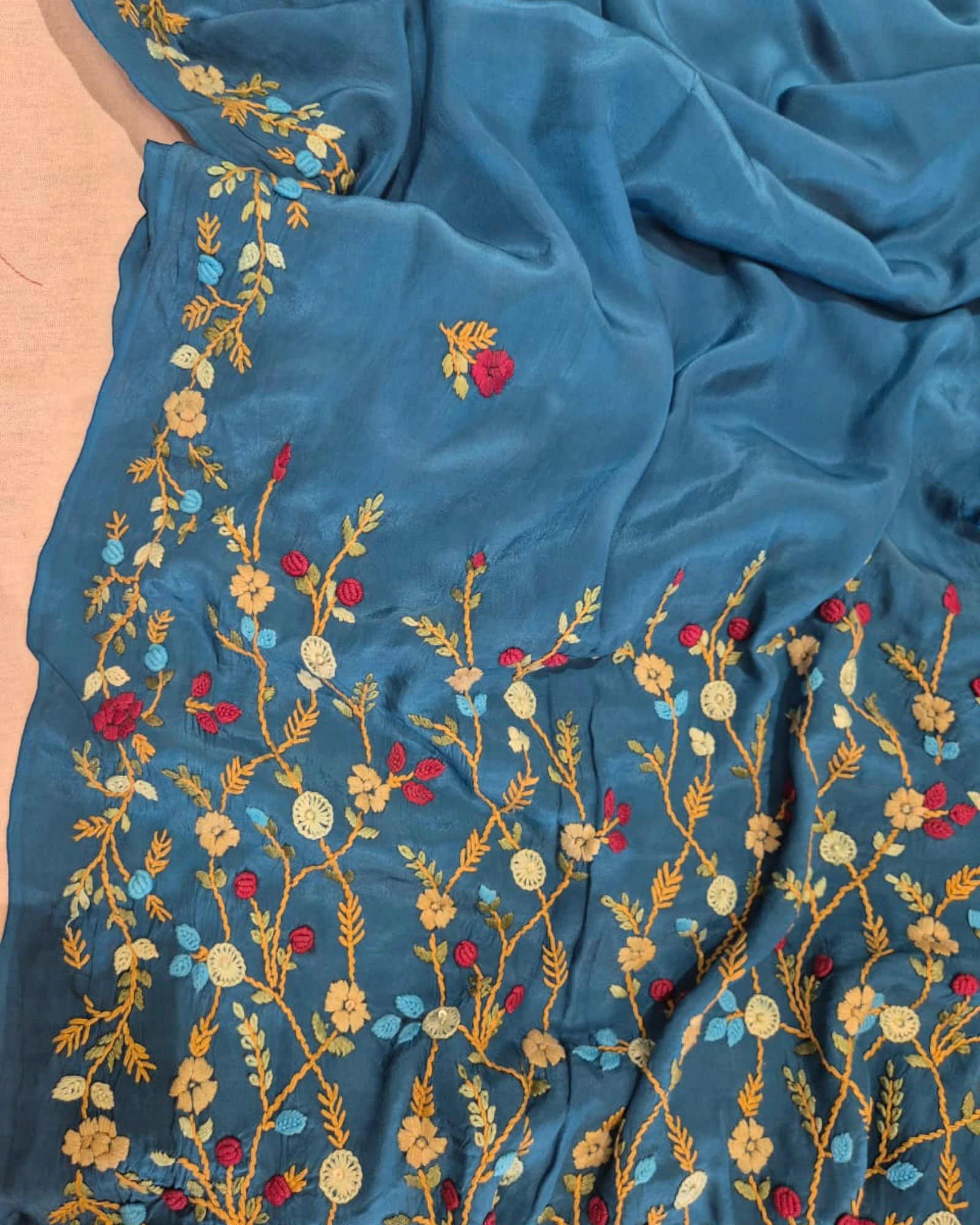 Blue Crepe HandEmbroidery Saree