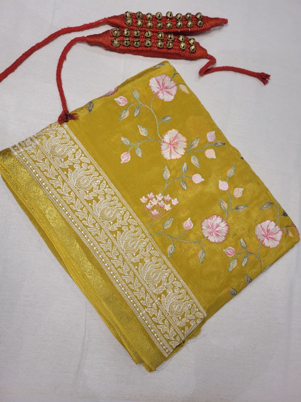 Mustard Chinnon Embroidery Saree