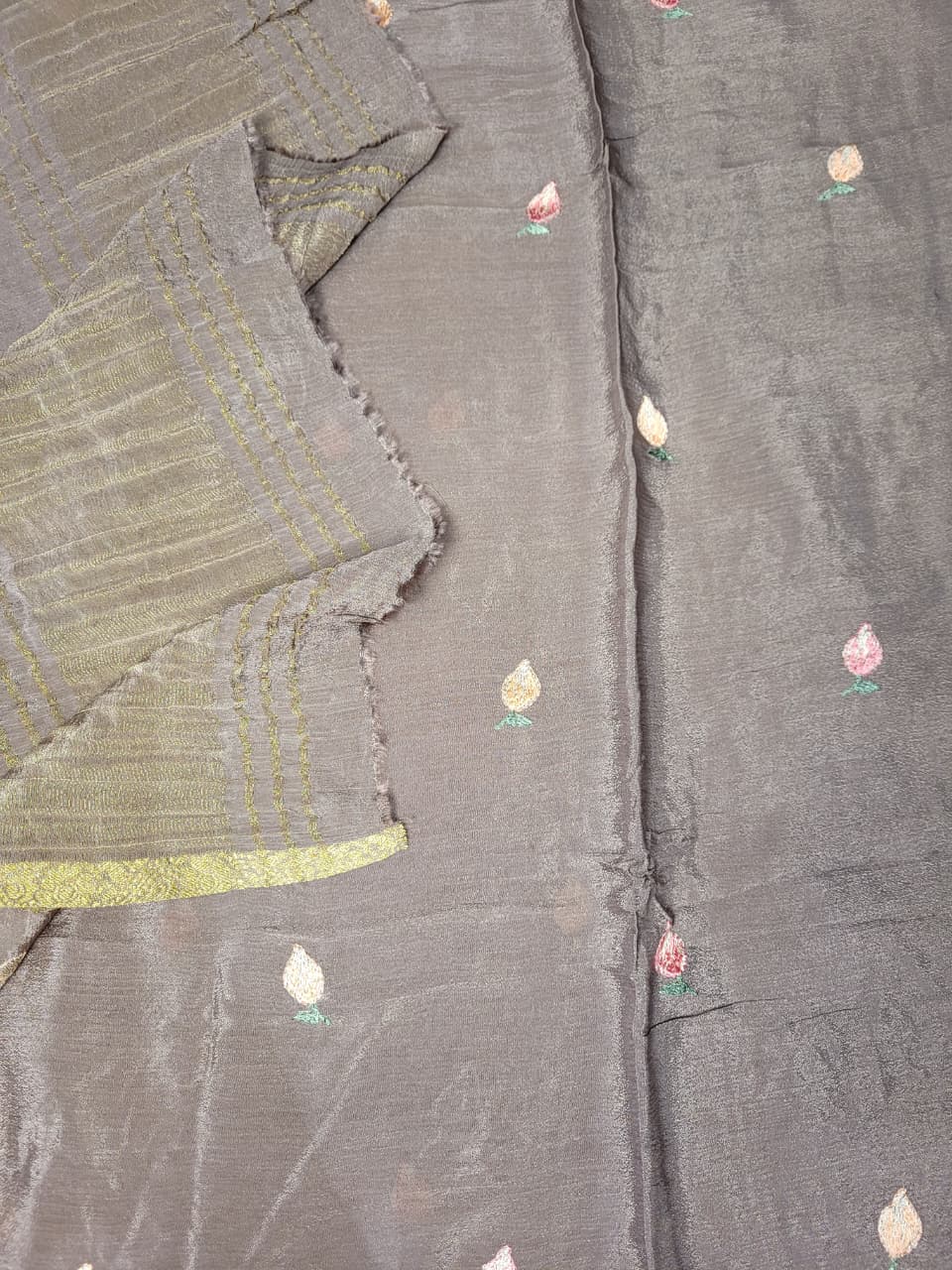 Grey Chinnon Embroidery Saree