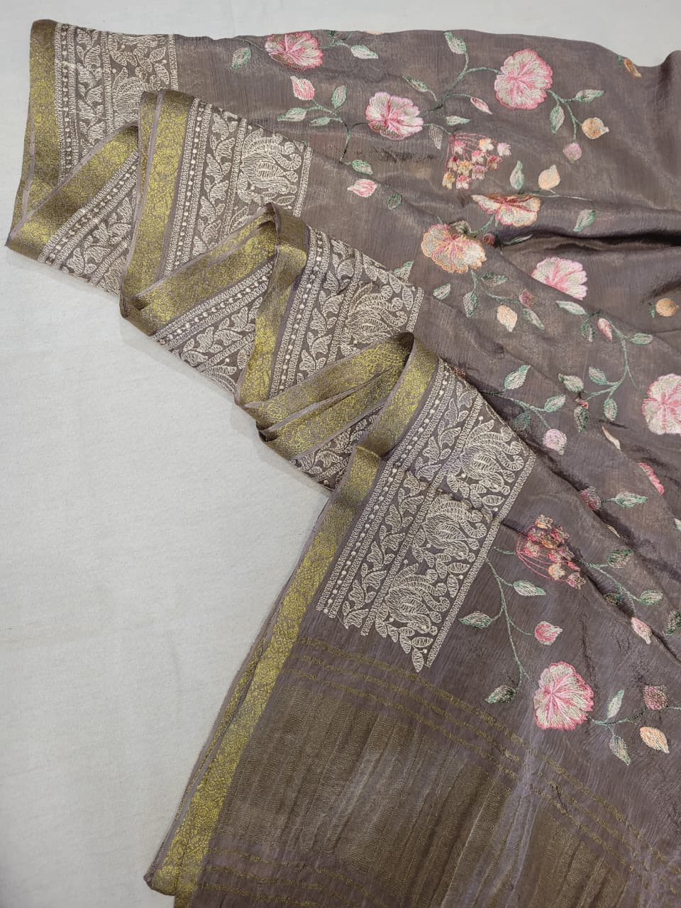 Grey Chinnon Embroidery Saree