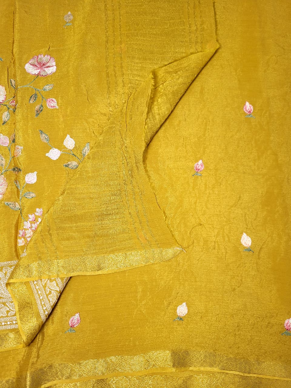 Mustard Chinnon Embroidery Saree