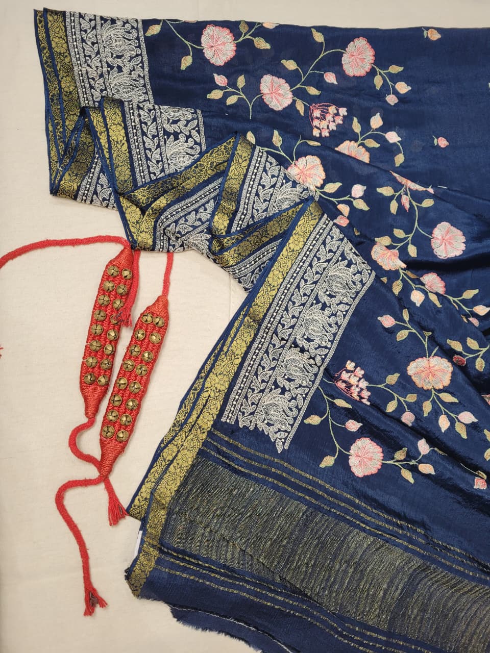 Blue Chinnon Embroidery Saree