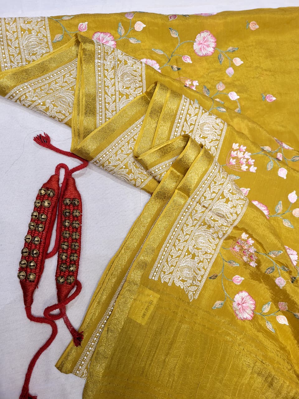Mustard Chinnon Embroidery Saree