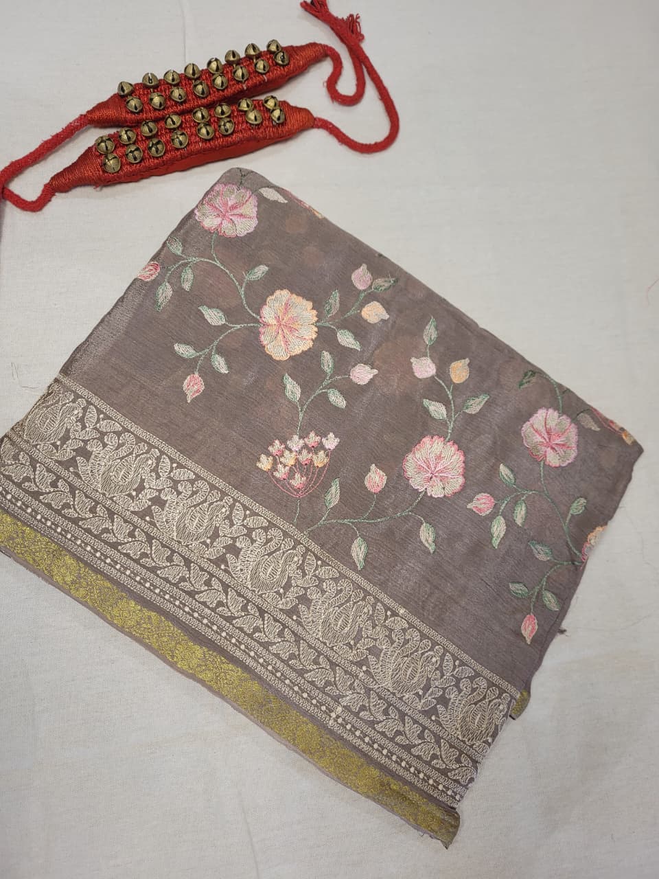 Grey Chinnon Embroidery Saree