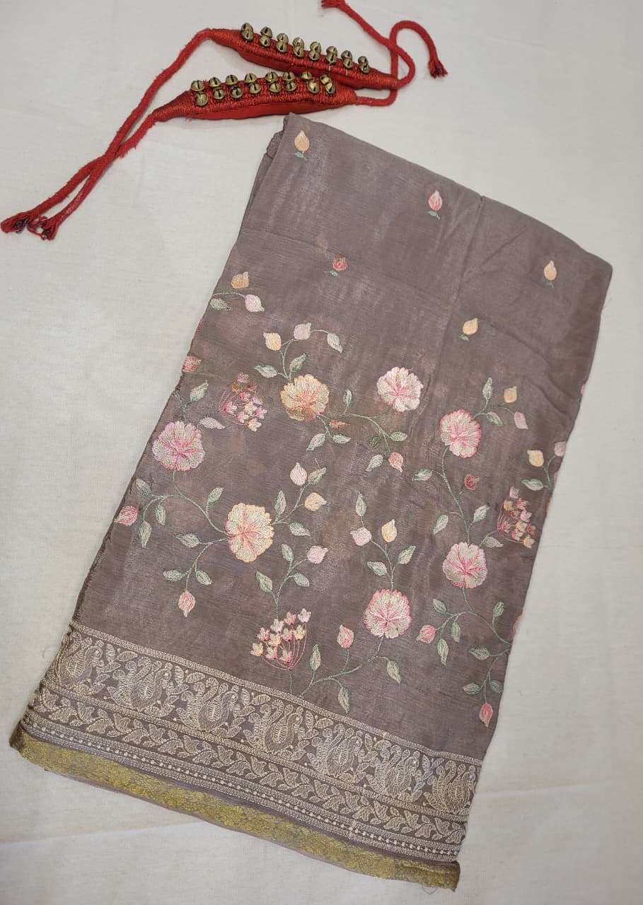 Grey Chinnon Embroidery Saree