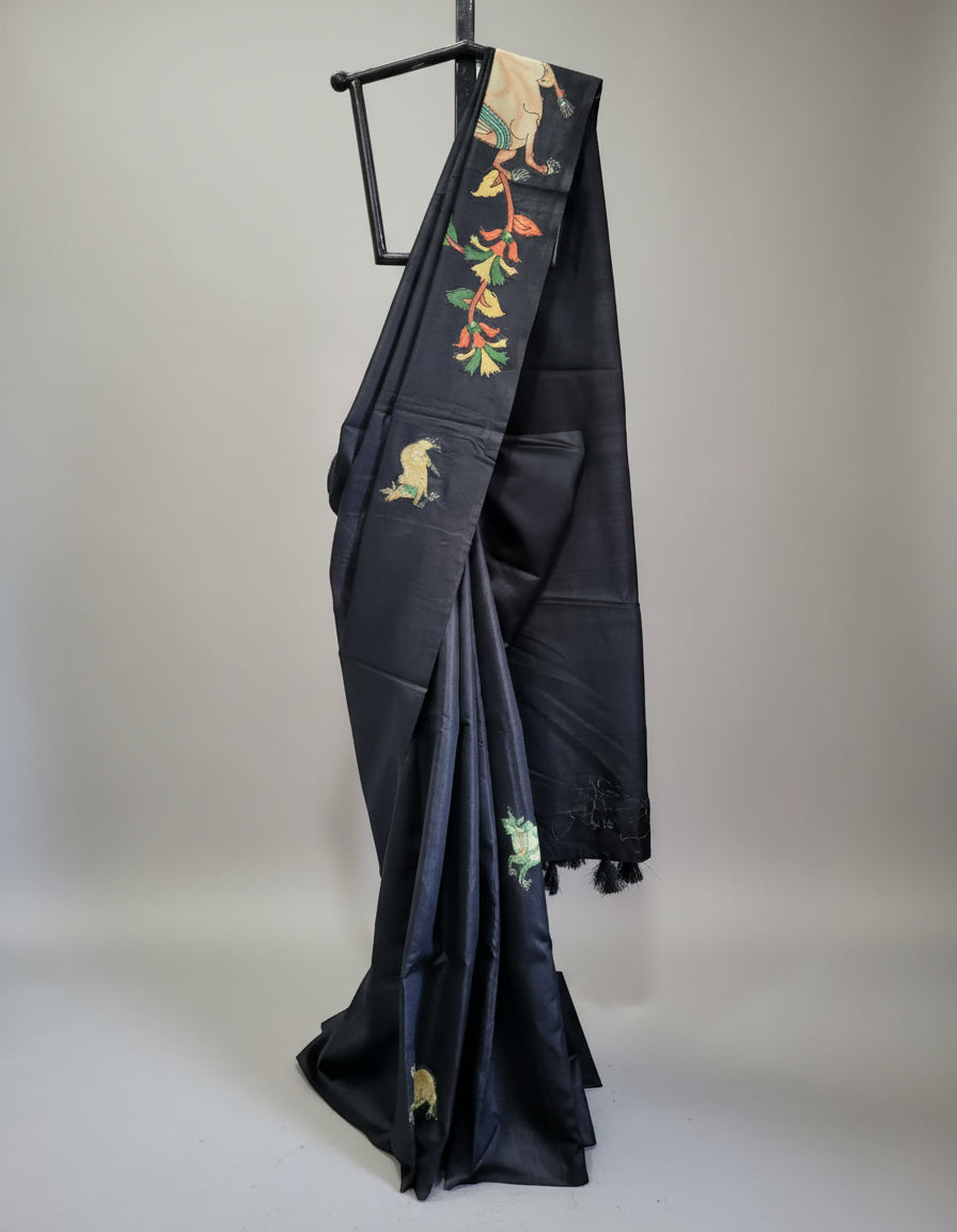 Black Semi Tussar Applique Saree ST001