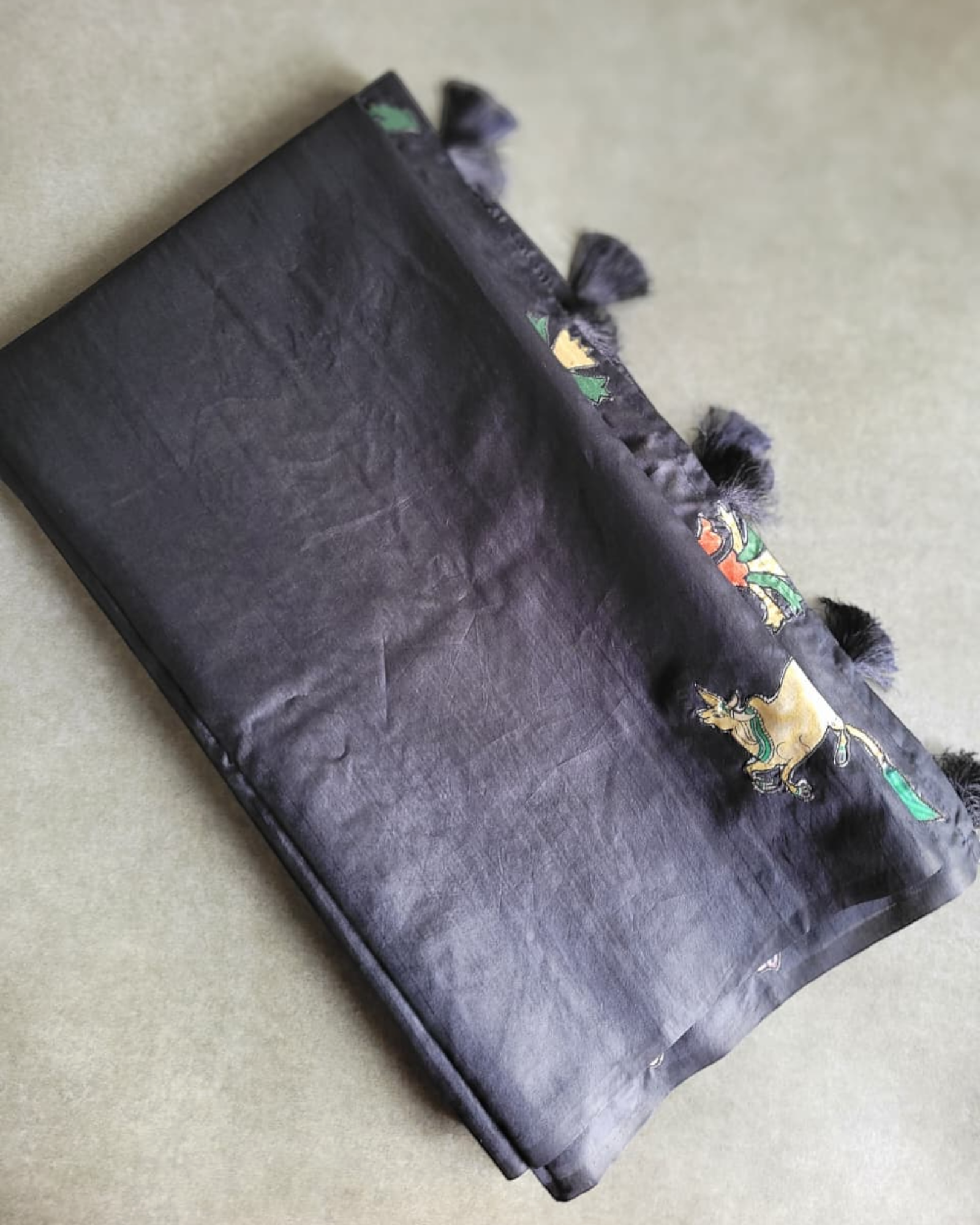 Black Semi Tussar Applique Saree ST001