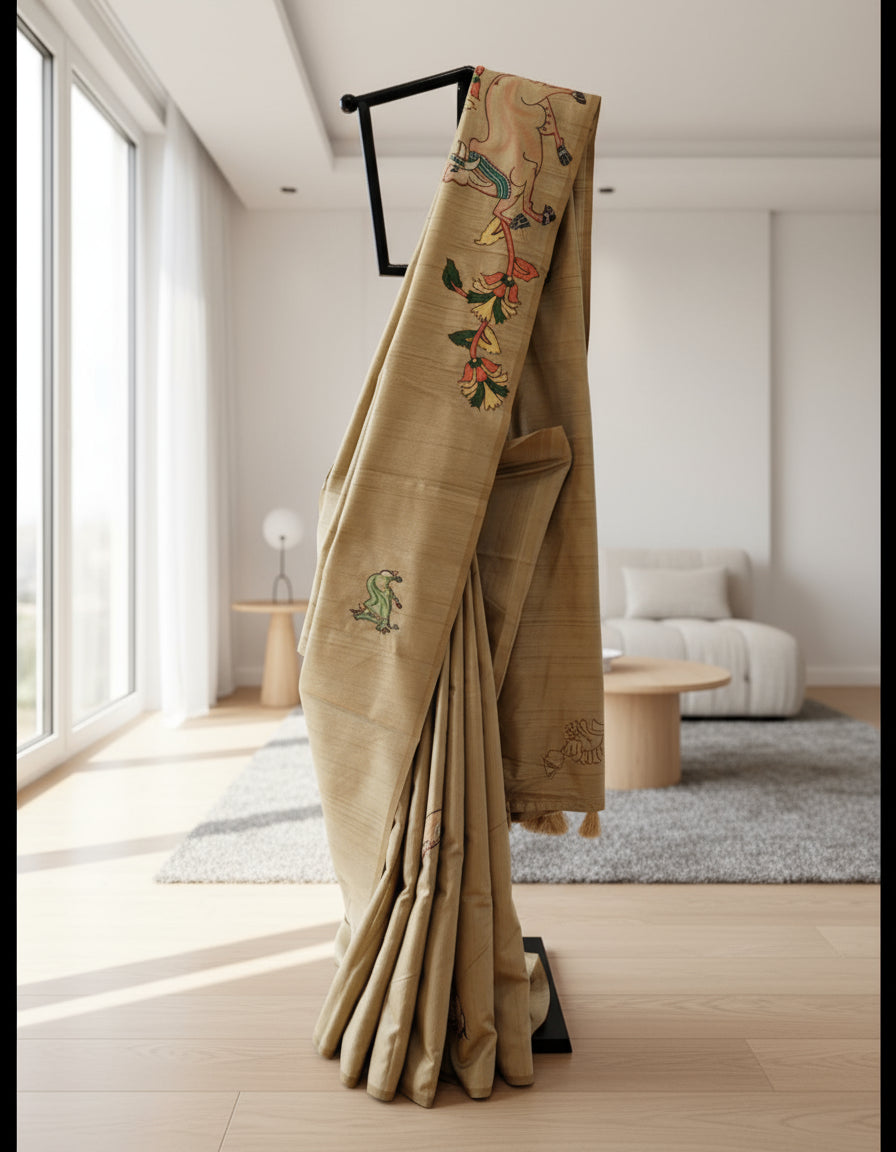 Cream Semi Tussar Applique Saree ST001