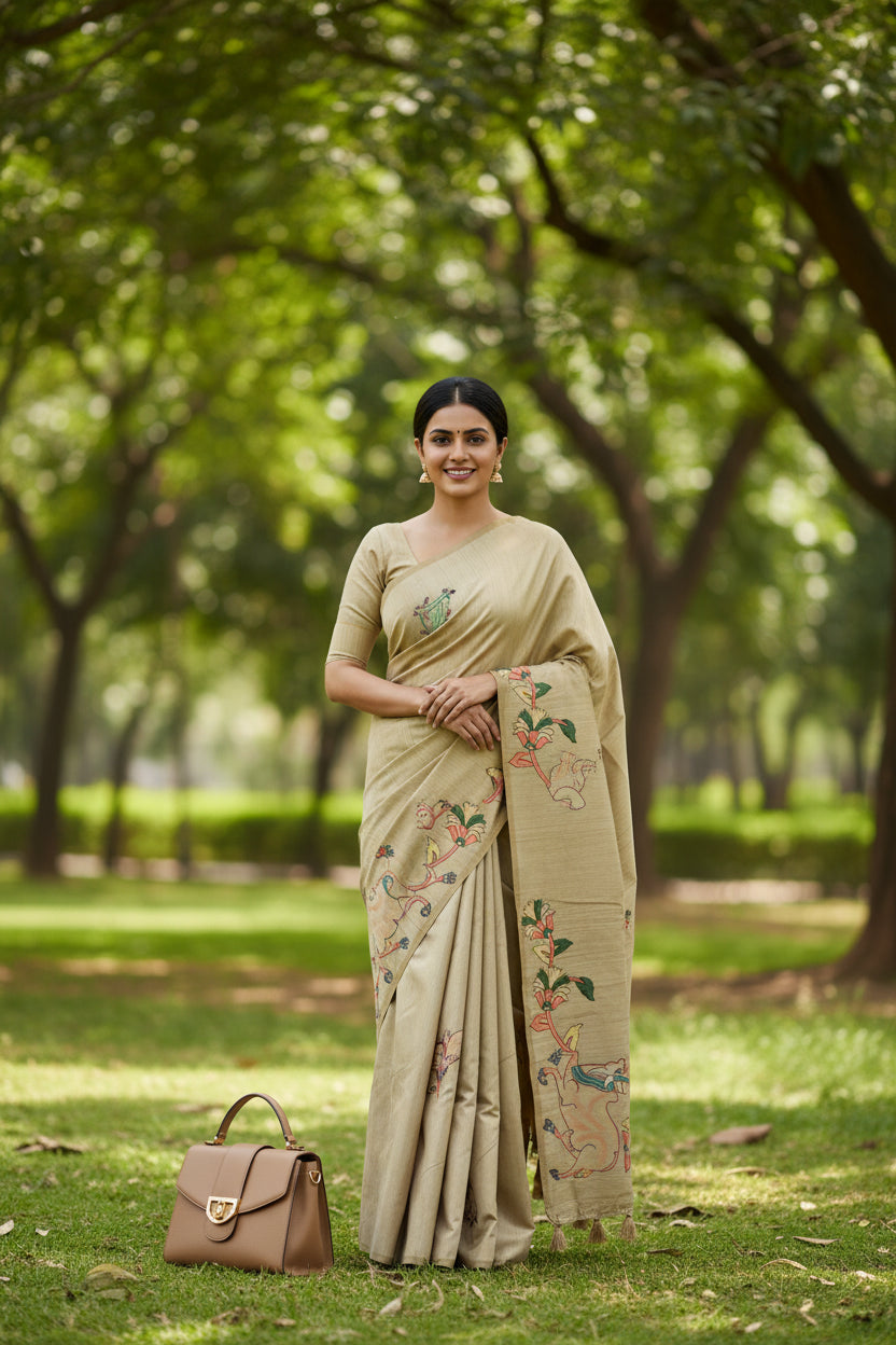 Cream Semi Tussar Applique Saree ST001
