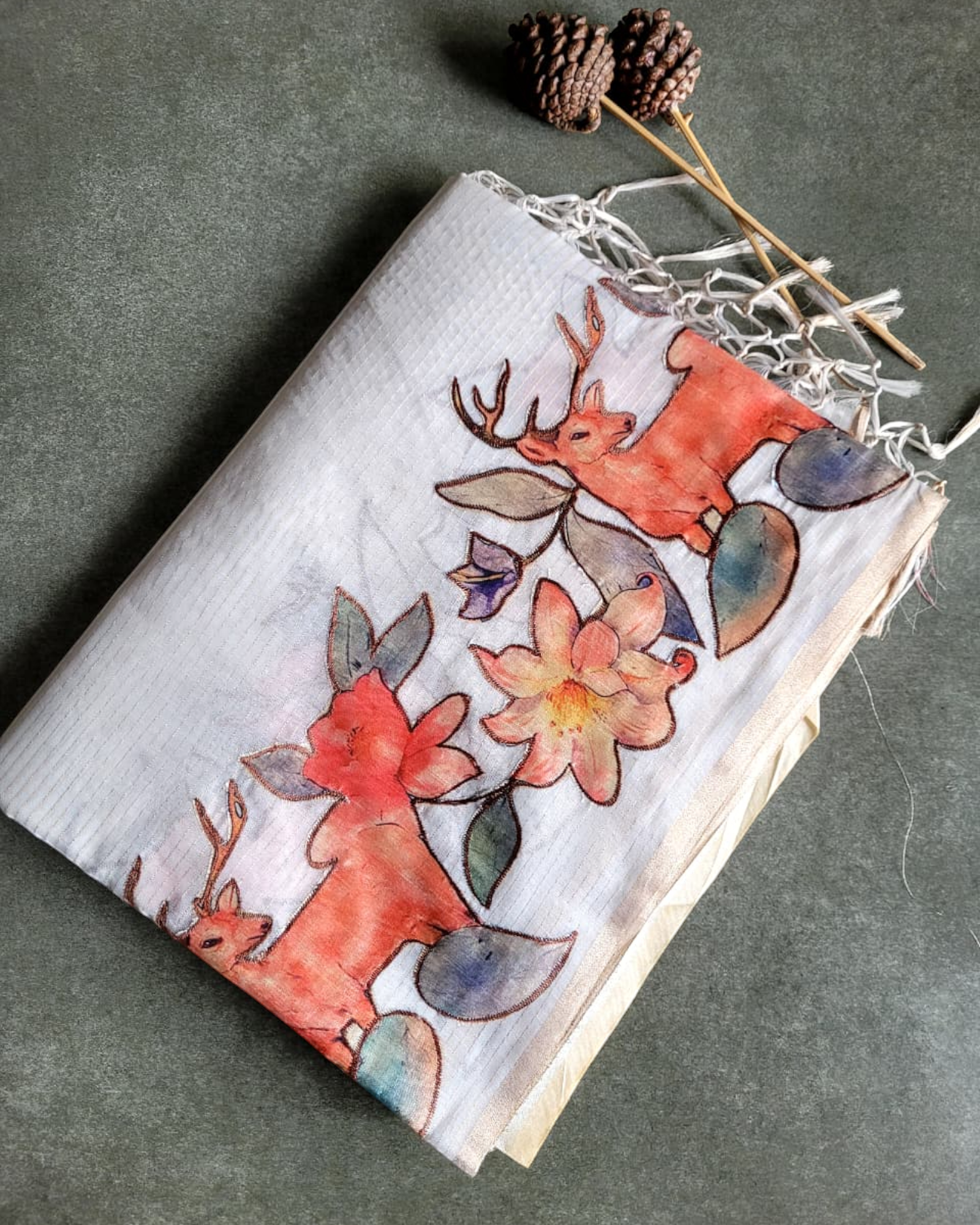 White2 Semi Tussar Applique Saree ST001