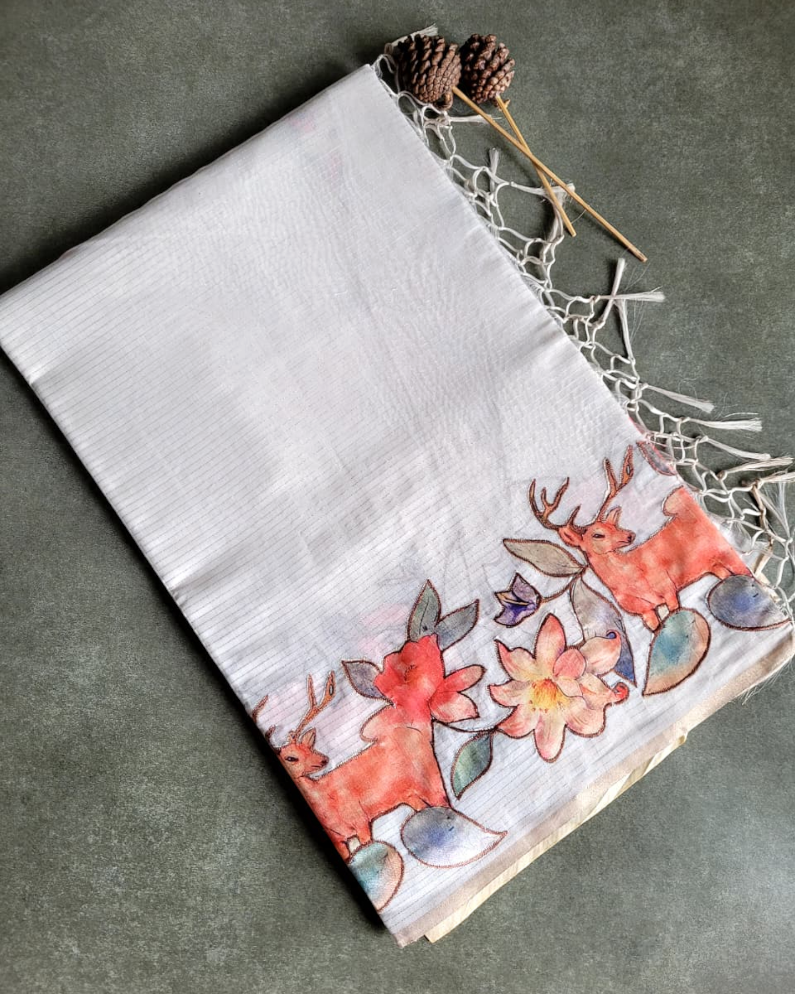 White2 Semi Tussar Applique Saree ST001