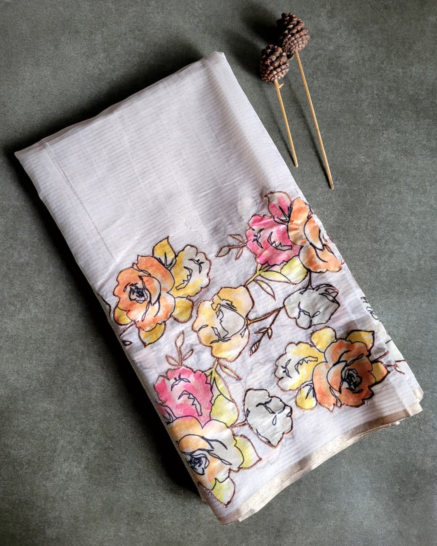 White Semi Tussar Applique Saree ST001