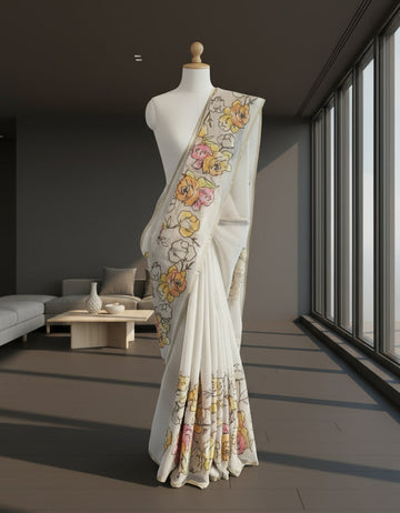 White Semi Tussar Applique Saree ST001