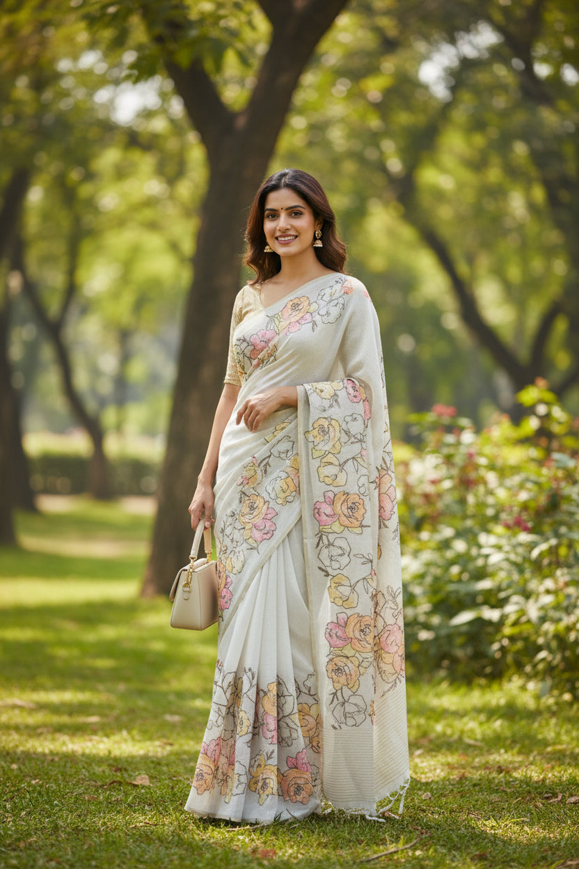 White Semi Tussar Applique Saree ST001