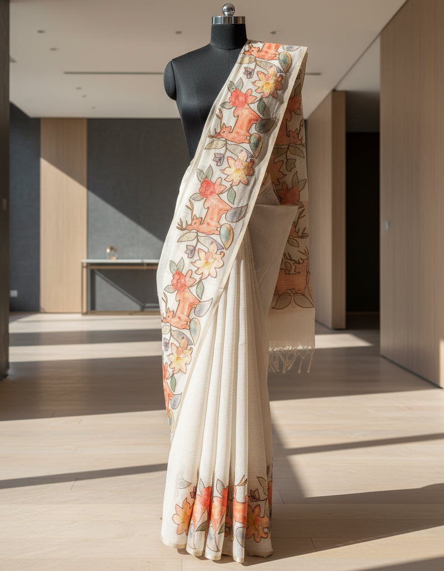 White2 Semi Tussar Applique Saree ST001