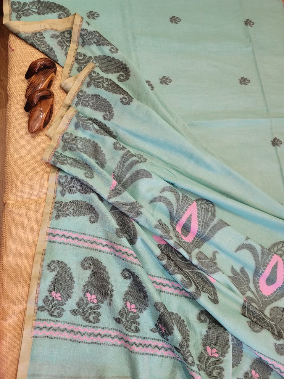 Seagreen Cotton Jamdani Saree CS002