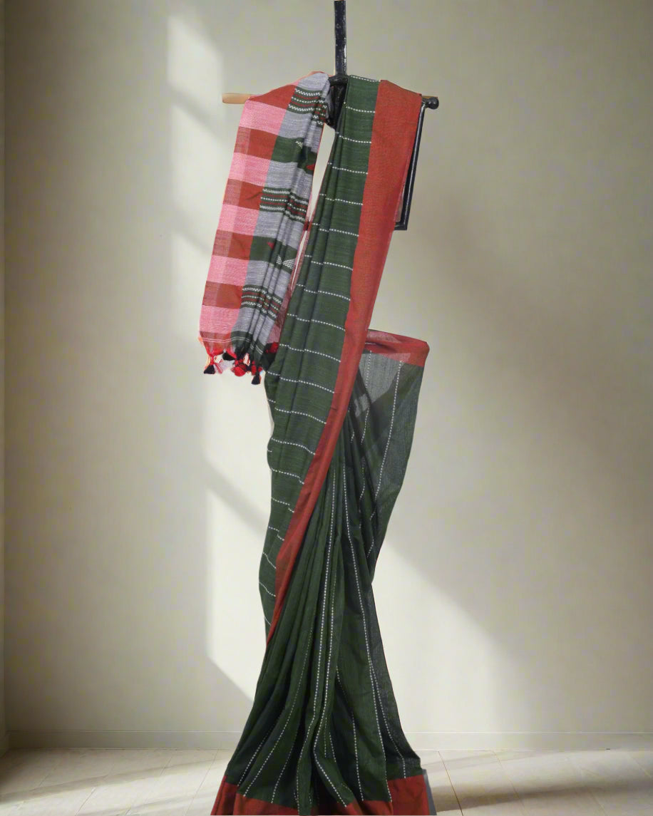 Armygreen Kathaa Linen Saree