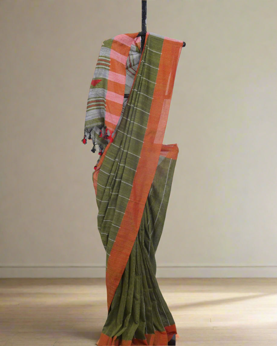 Mossgreen Kathaa Linen Saree