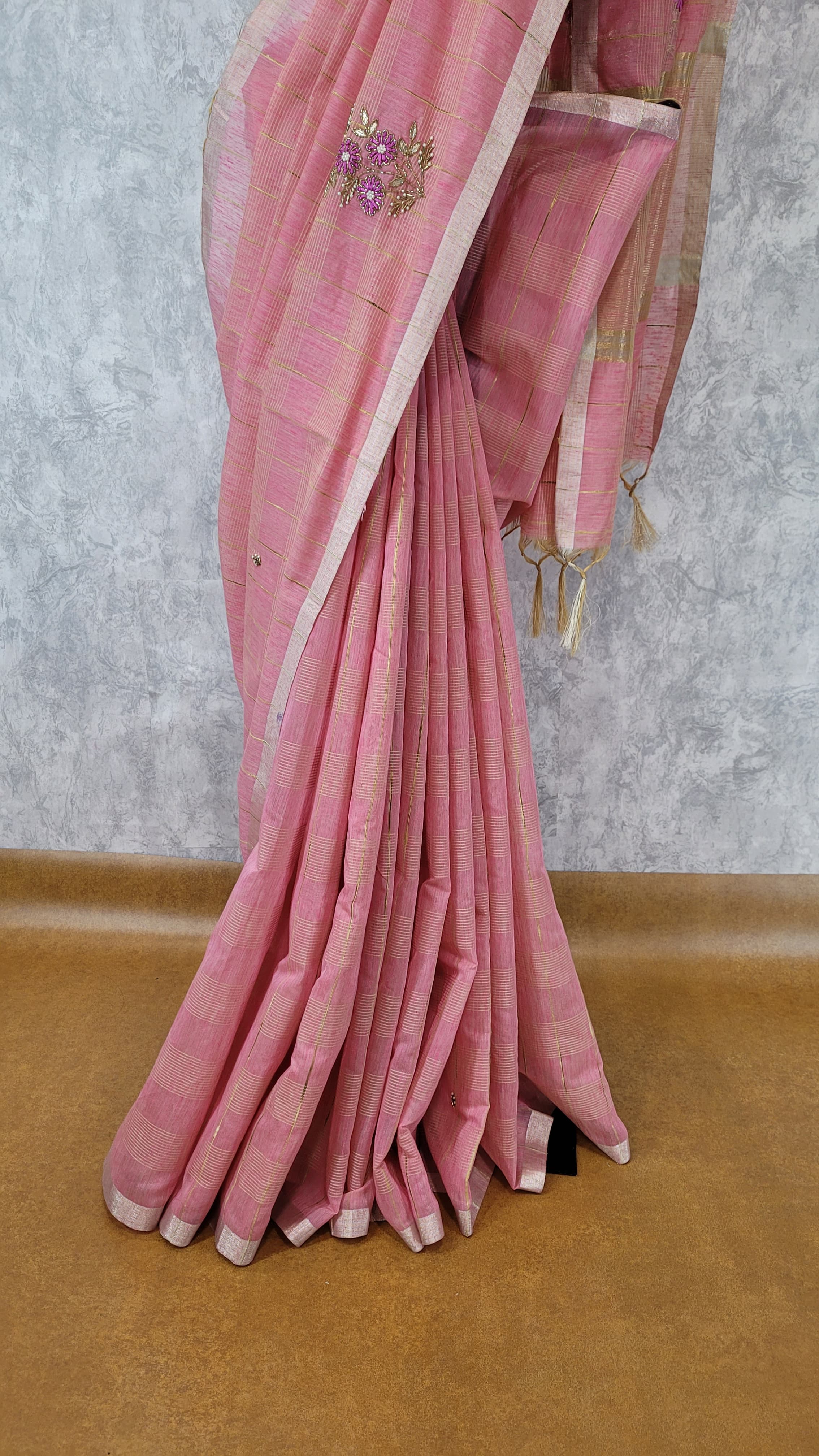 Pink Chandani linen saree