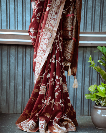 Maroon Nirvi Banarasi Crepe Saree