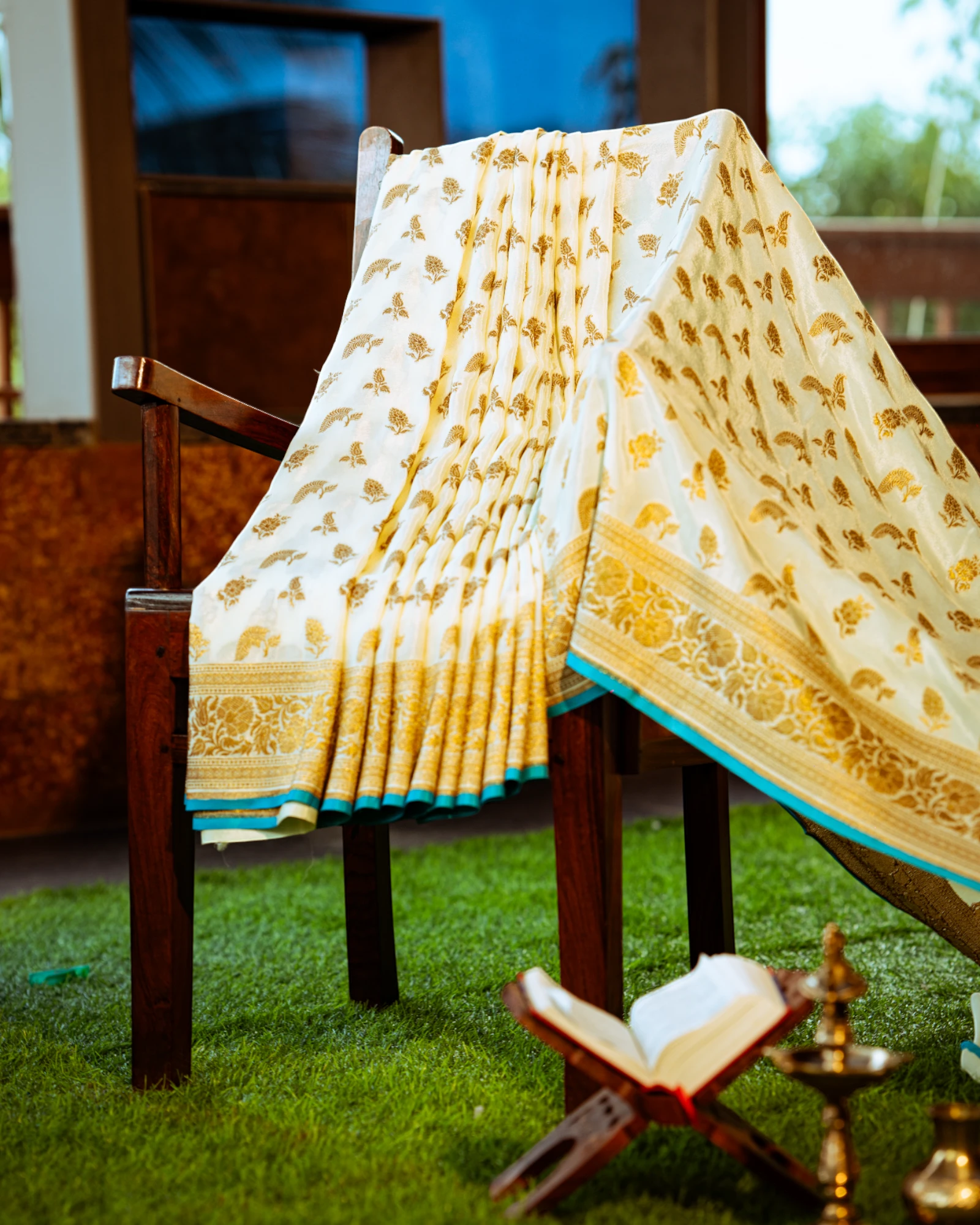 Cream Nirvi Banaras Crepe Saree